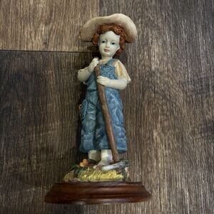 Vintage Boy Figurine Farm Country Child w / Wood Base 8” Resin Statue Overalls